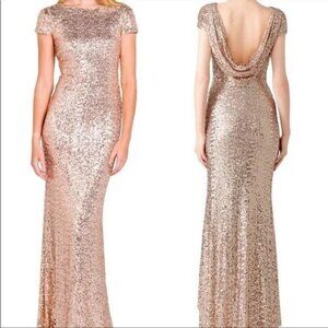 Kelly Faetanini Gold Shimmer Sequin Open Cowl Draped Back Evening Formal Dress 2
